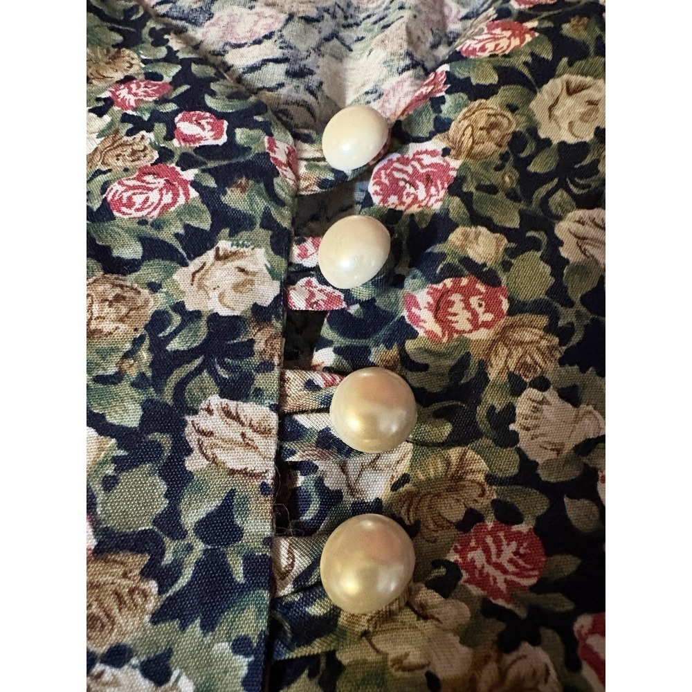Vintage Decked Out Floral Midi Dress 3/4 Pearl Buttons Lace-Up Back 90s - Picture 6 of 7